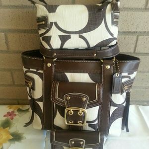 Coach 3PC Gigi Sig Brown Off-White Linen  Set